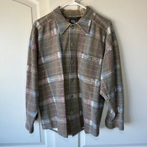 Vintage Santana Button Up Shirt Jacket Shacket Striped Cotton Brown‎ Mens Large